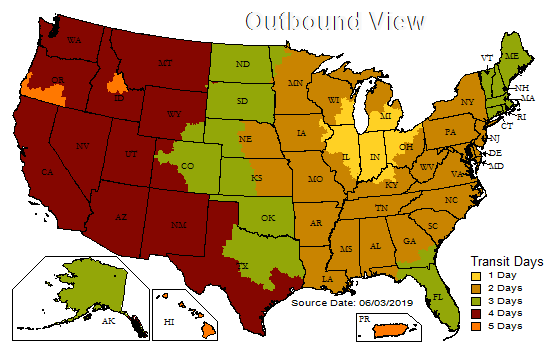 UPS Ground Shipping Map from Auburn, Indiana